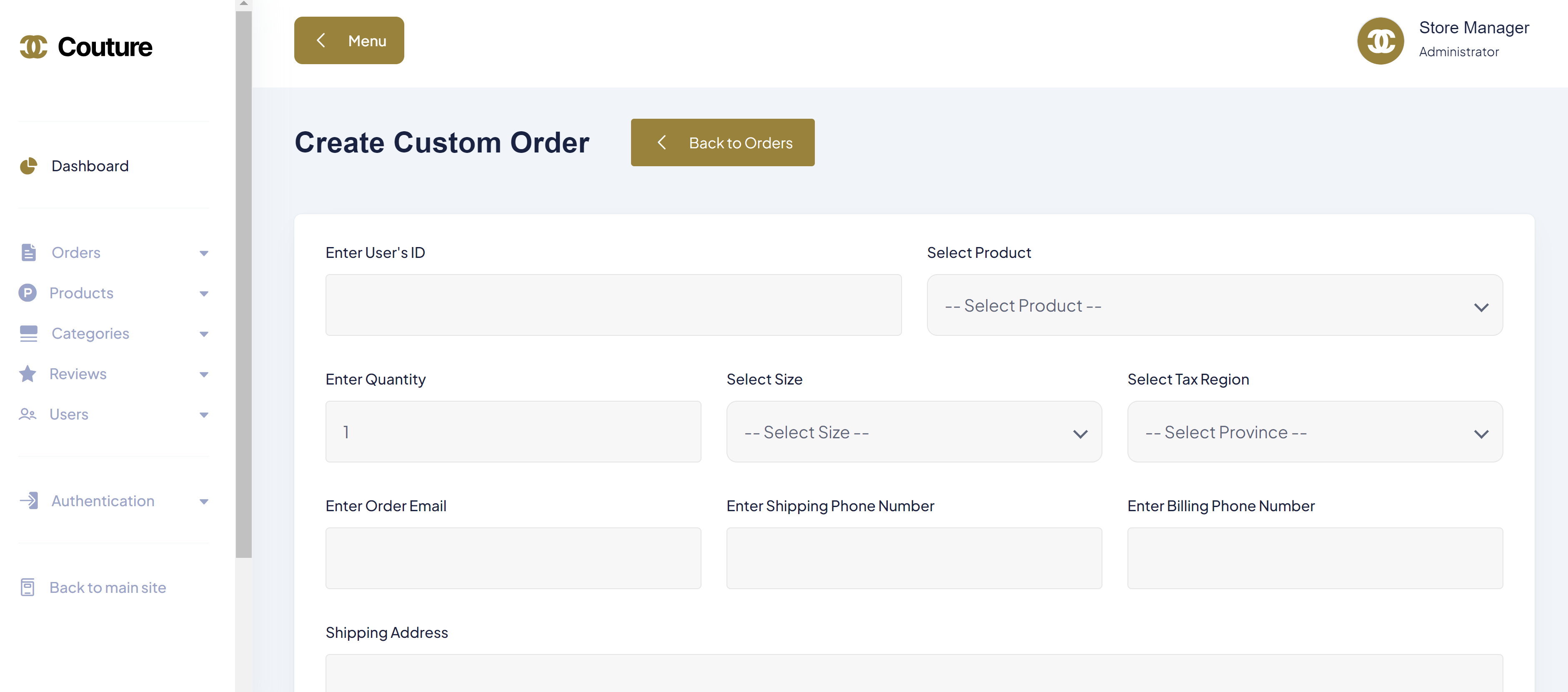 Admin Dashboard Create Order
